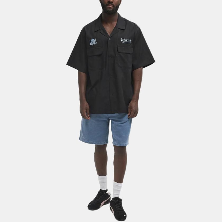 Carhartt WIP Logo Camp Collar Single-Breasted Loose Fit Short Sleeve Shirt Men shirts Black I034738-2X8-XX