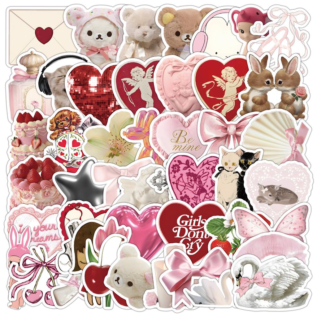 50PCS Pink Cute Girls Stickers Ins Style Coquette Cartoon Decoration DIY Skateboard Fridge Guitar Phone Wall Decals Toys