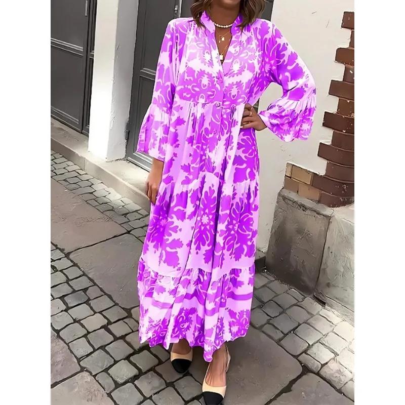 Autumn and Winter Women's Clothing Long Dress New Standing Collar Flared Sleeve Printed Casual Dress Fashionable Plus Size