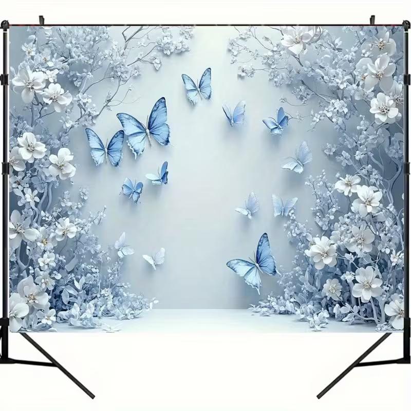 2D Hanging Blue White Butterfly Photo Booth Background