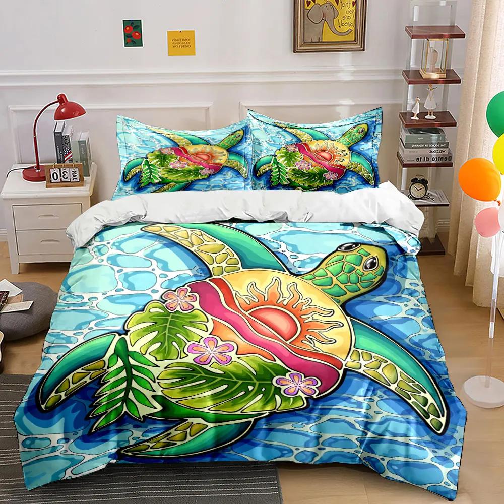 Colorful Turtle Beach Decor Set Bedding Set with 1 Duvet Cover 2 Pillowcases Single Double King Queen, Gift