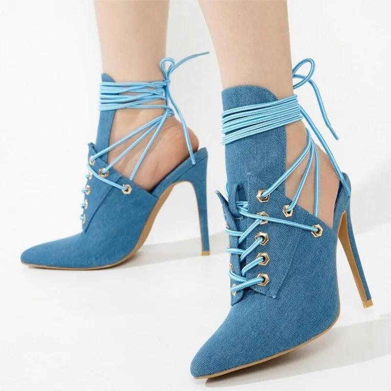 Fashion Fashion Blue Denim Cross Strap High Top Cool Boots European American Ankle Hollow Out Sexy Strap Pointed Party Sandals Size 43
