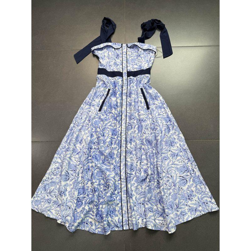 

Foreign Trade Order 3 Colors Retro Print Dress ~ Bright Sling A Word Comfortable Skin-friendly Rayon Sling Long dress Blue Strap Dress L