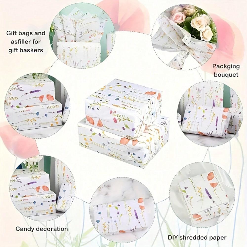 50sheets Lavender Wrapping Paper, Wildflower Printed Art Deco Tissue Paper For Wedding Gifts Engagement Packaging