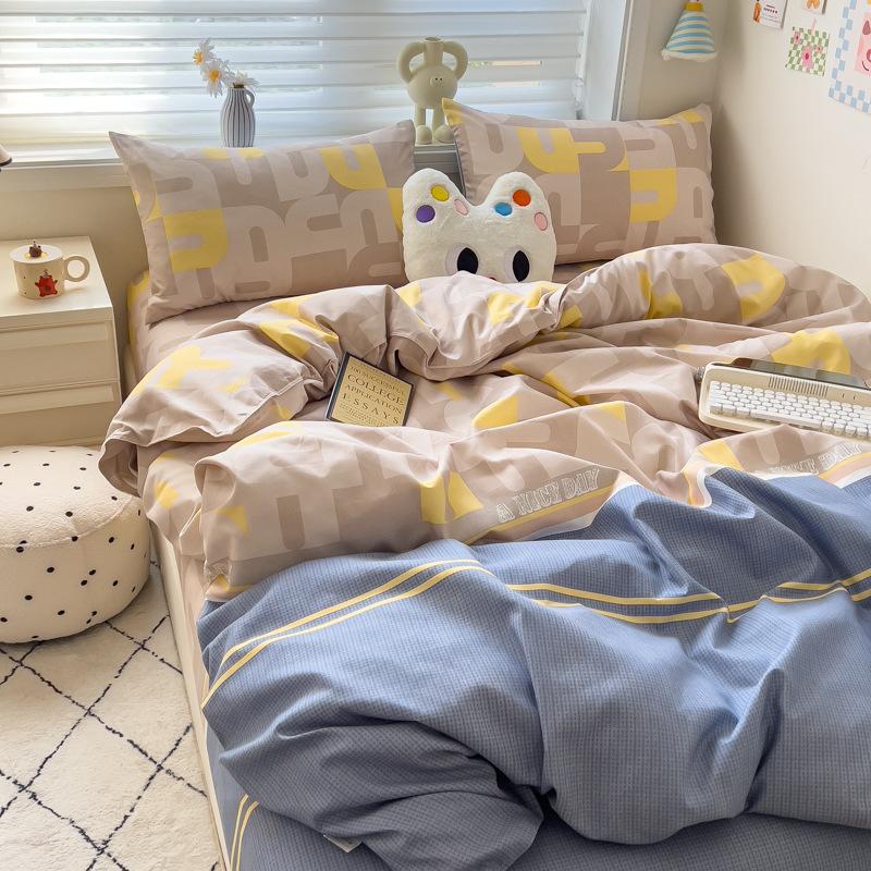4Pcs Set Class A Maternal Infant Grade Small Fresh Grinding 4-Pcs Set Skin-Friendly Bed Sheet Washed Cotton Quilt Cover Dormitory 3-Piece Set