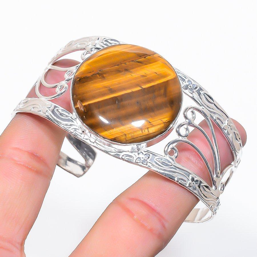 Natural Tiger Eye Gemstone 925 Sterling Silver Cuff Bangle Adjustable j4q42