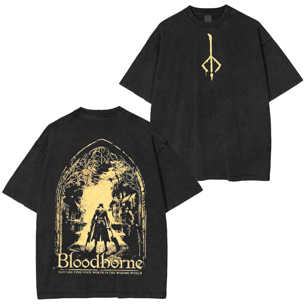Bloodborne Ludwig Der Verfluchte Heilige Klinge Grim T-Shirt Jäger und Lampe Boten Oversize Unisex Gewaschen Streetwear T-Shirt