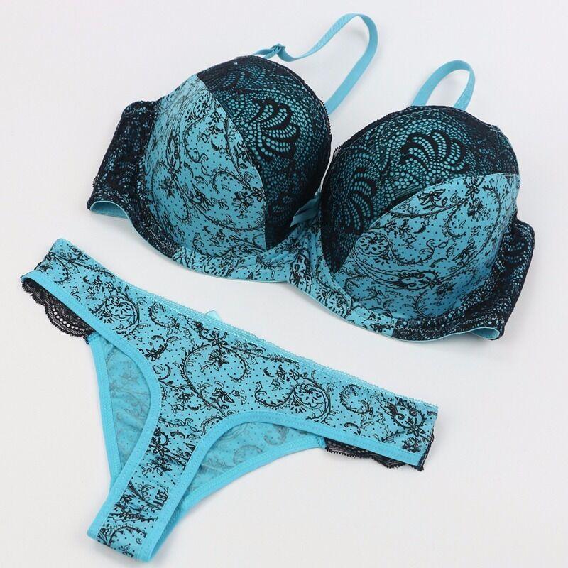 Flower Lace Womens Padded Bra Plunge Set Ladies Underwear Panties Sets Up Push