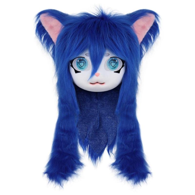 Felliger Tierkopf Katzen Fursuit Cut Maske Plüsch Katzenmaske Niedlicher Katzenkopfschmuck für Halloween Maskenbälle Cosplay Requisiten