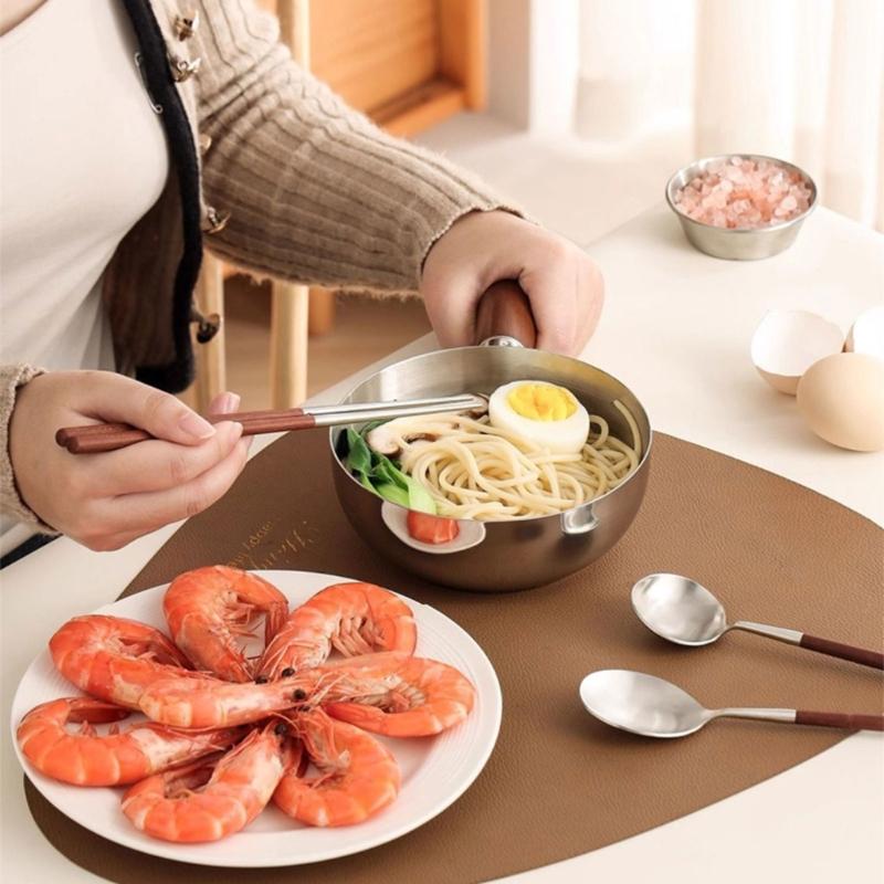 Stainless Steel Short Handle Ramen Bowl With Heat Resistant Wooden Grip For Safe Cooking And Easy Cleaning