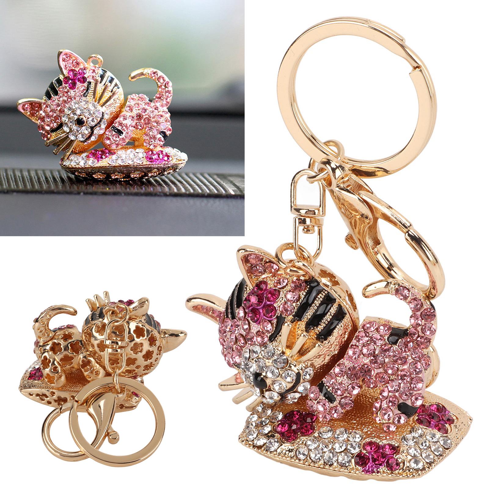 Rhinestone Keychain Cute Sleeping Cat Shape Vivid Shiny Pink Decorative Pendant Ornament Accessories
