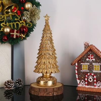 Glowing Christmas Tree Ornament Battery Powered Resin Crafts Lighting Home Party Golden Xmas Tree Desktop Decor
