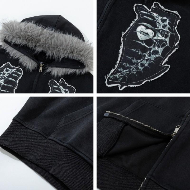 Mens Oversized Zip-up Hoodie Detachable Fur Collar Skull Hand Embroidery Casual Fall Sweatshirt