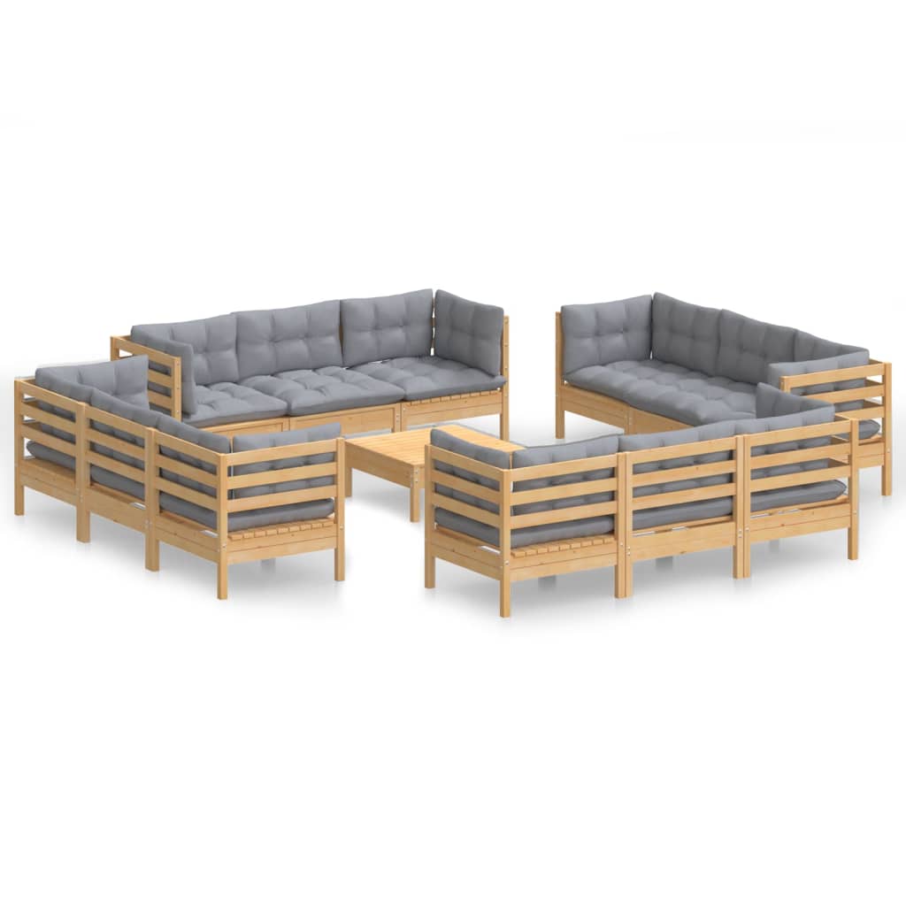 Vidaxl 13-Cz. Garden Lounge Set, Grey Cushions, Pine