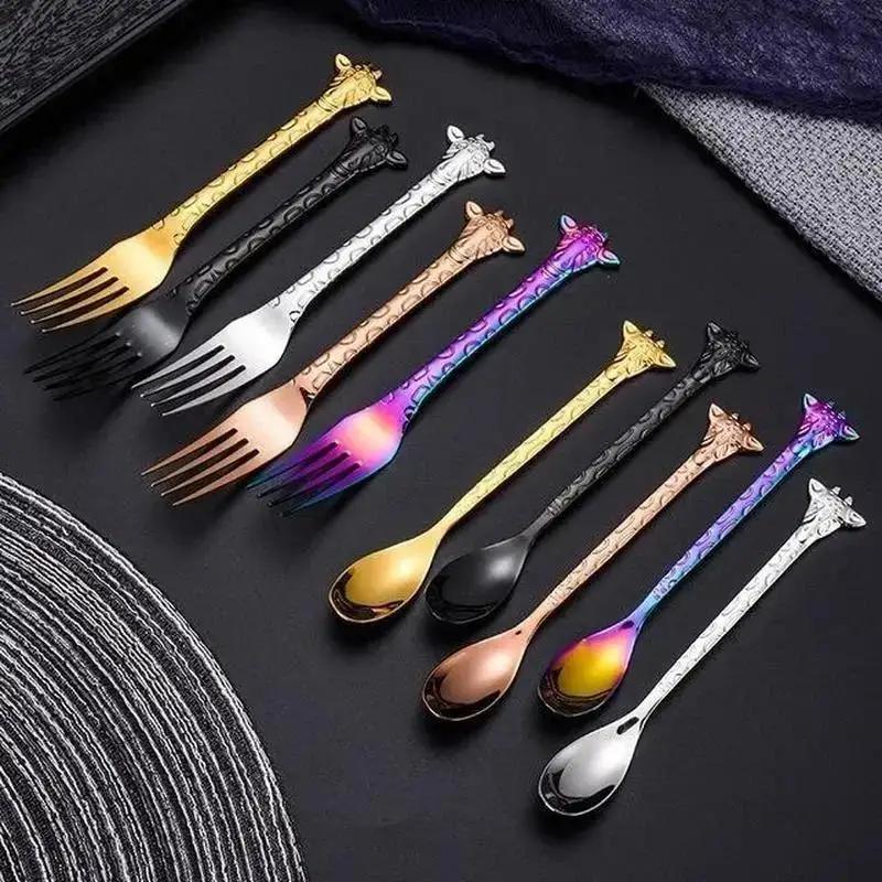 1PC Stainless Steel Coffee Spoon Cartoon Giraffe Shaped Spoon Animal Cake Dessert Fork Spoon Coffee Spoon
