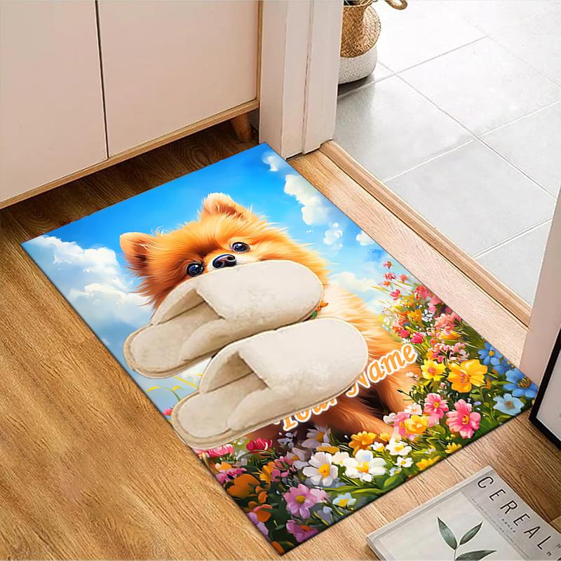1PC Custom Name Floral Pomeranian Portrait Theme Floor Mat Ideal for Living Room, Game Rooms, Office, Bedroom, Floor Mat Playful Design
