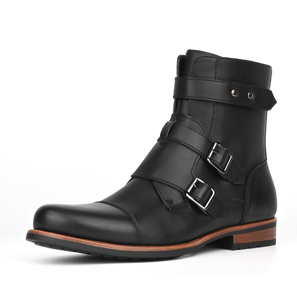 Men's Boots Simple Retro Metal Buckle Side Zipper Low Heel Cowboy Boots