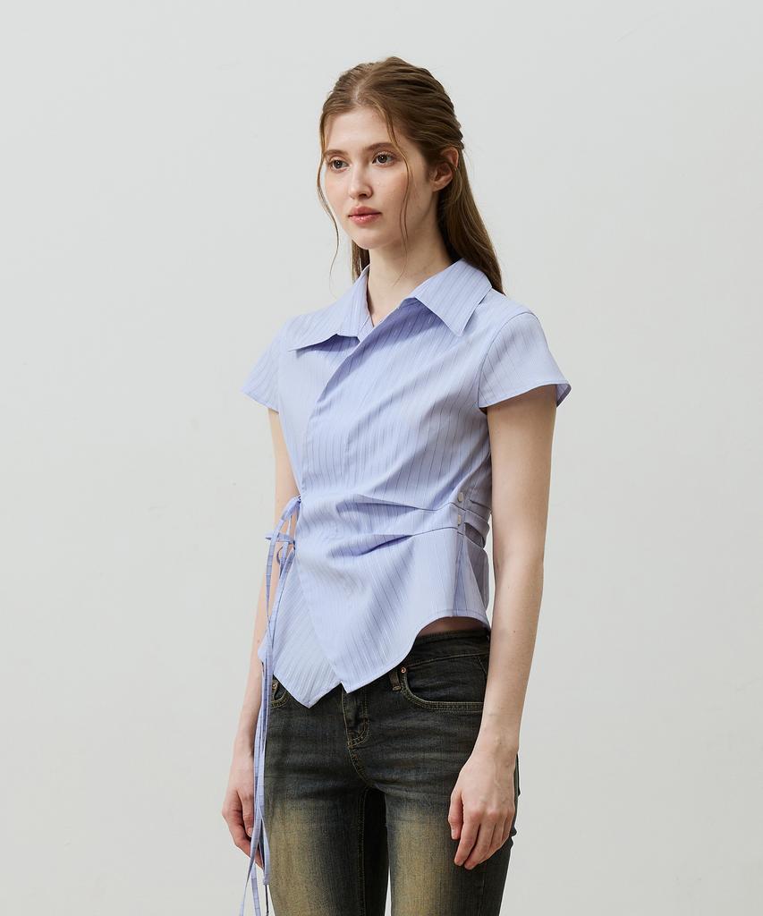 Alikim Eve Stripe Wrap Cap Sleeve Shirt / Sky Blue