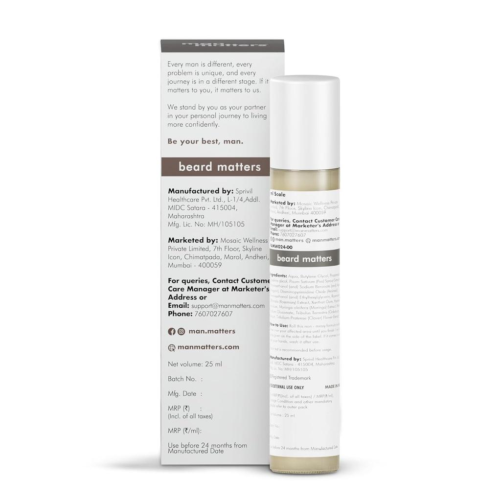Man Matters BartWuchs Serum Roll-On 25ml Für einen volleren, dichteren, stärkeren Bart Unebenmäßige lückige Bartpflege
