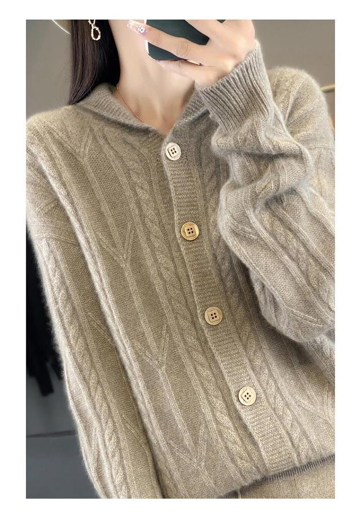 Women's Thick Woolen Cable Knit Cardigan with Lapel - Autumn/Winter Long Sleeve Cashmere Knitwear.