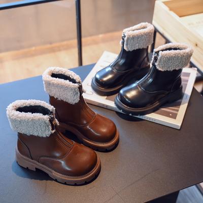 Meisjes Korte Laarzen Omgeslagen Rand Pluche Retro Winter Kinderen Warme Laarzen Rits Voorzijde Kinderen Mode Laarzen Antislip 2024 Nieuw