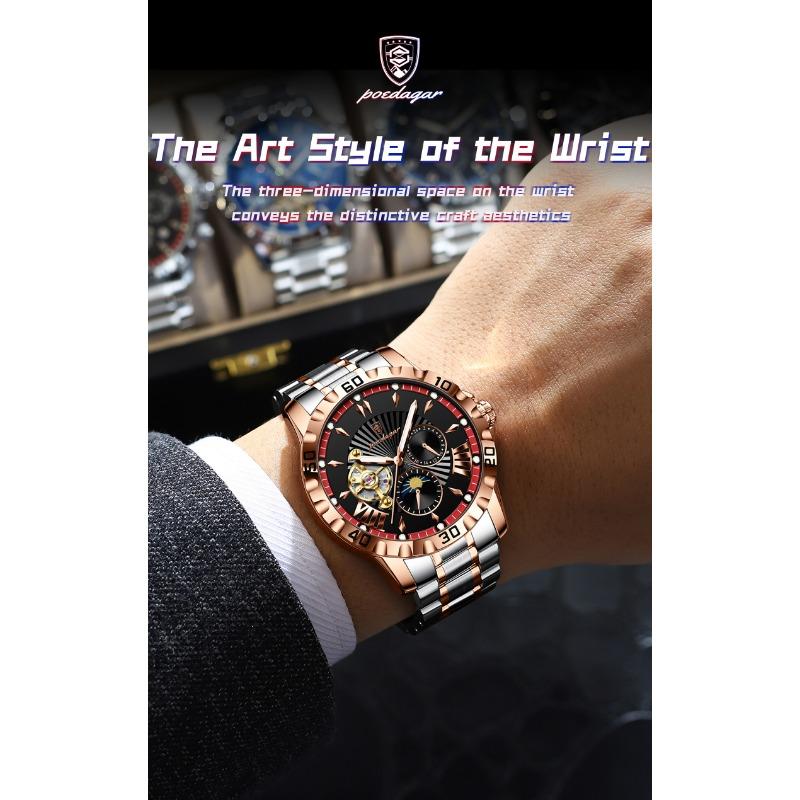 POEDAGAR Luxury Men Clock Hollow Tourbillon Automatic Mechanical Watch Waterproof Luminous Stainless Steel Watches+Box
