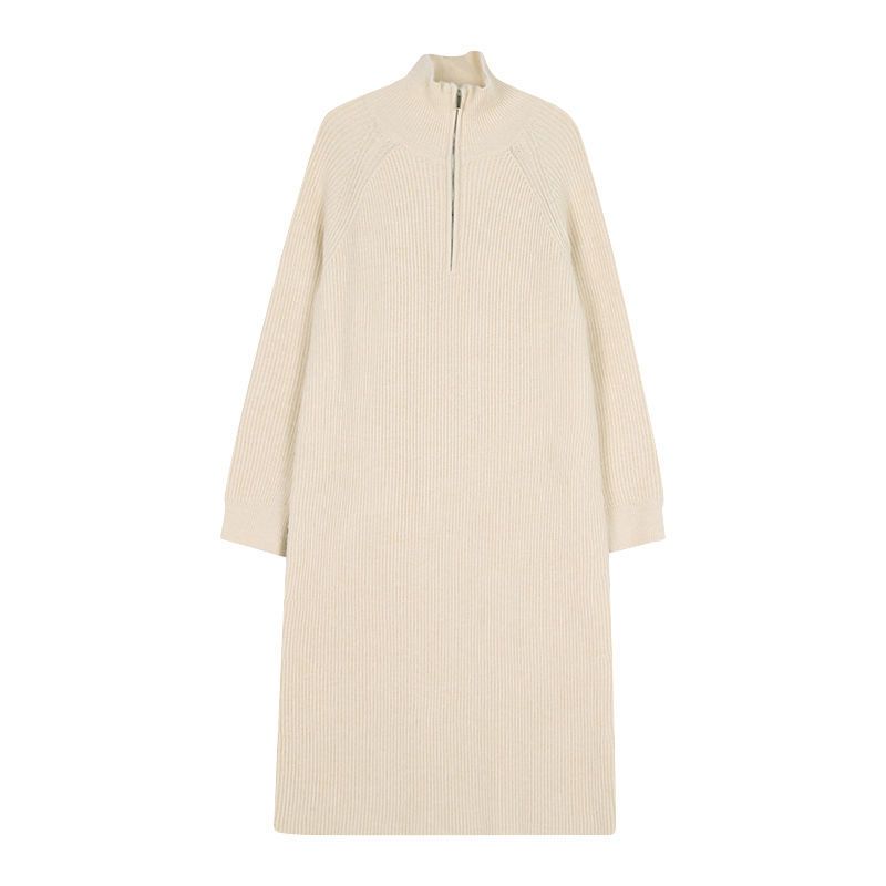 Sweater Dress Female Solid Knee Length Mid Length Loose Bottomed Knit Dress with Wool Long Sleeve Pullover Women