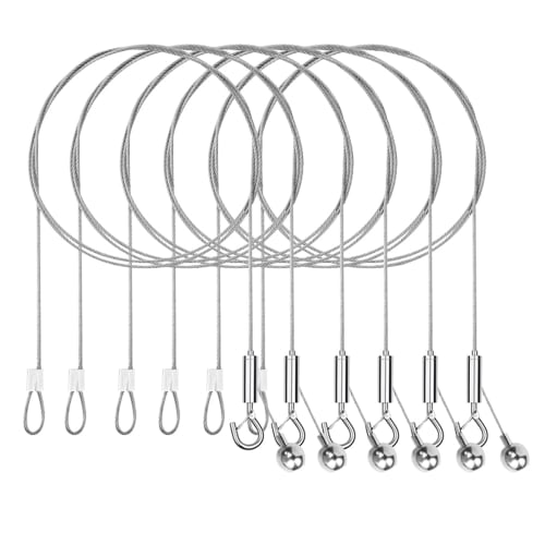 COOLBOTANG Picture Rail Wire Hook Set with Swivel Brackets (1mm X 1m - Set of 6) Stainless Steel Wire Rope, Adjustable Height, Fall Prevention Wire Fo