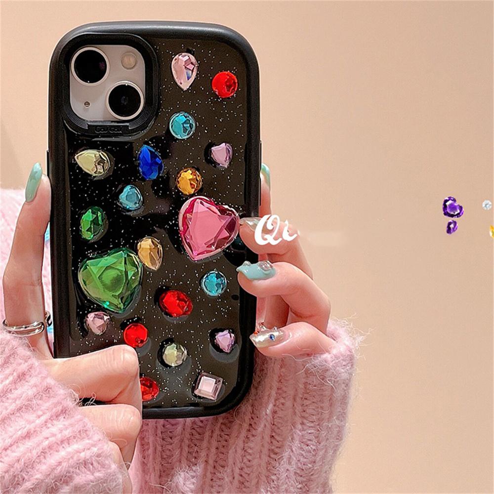 Coreeană Cute Love Heart Diamond Epoxy Glitter Husă pentru telefon pentru Iphone 14 13 12 11 Pro Max Y2k Gemstone Copertă moale rezistentă la șocuri