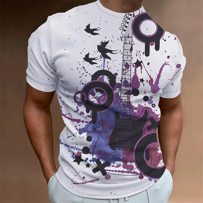 Music Note Pattern 3D Printing Retro Men's Daily Casual Short Sleeved Street Wear Summer Daily Casual Loose Round Neck Top Clothing