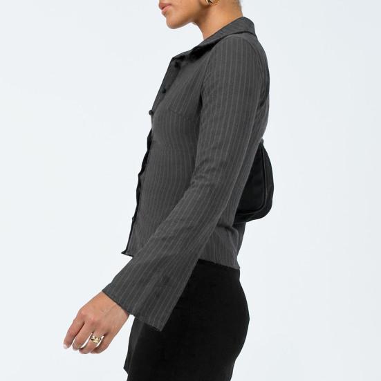 Women Shirt Lapel Long Sleeve Striped Print Shirt Buttons Placket Slim Fit Versatile Tops Daily Wear