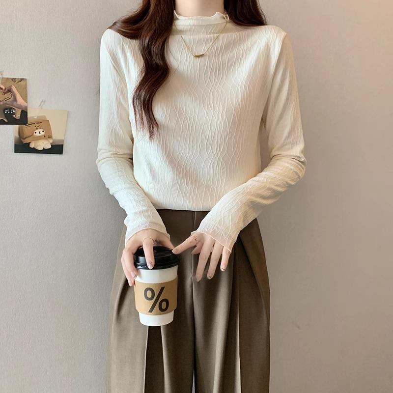 

Футболка Pure Desire с полувысоким воротником и длинными рукавами, женская осенне-зимняя модель, плюс бархатный утолщенный кружевной внутренний верх XL