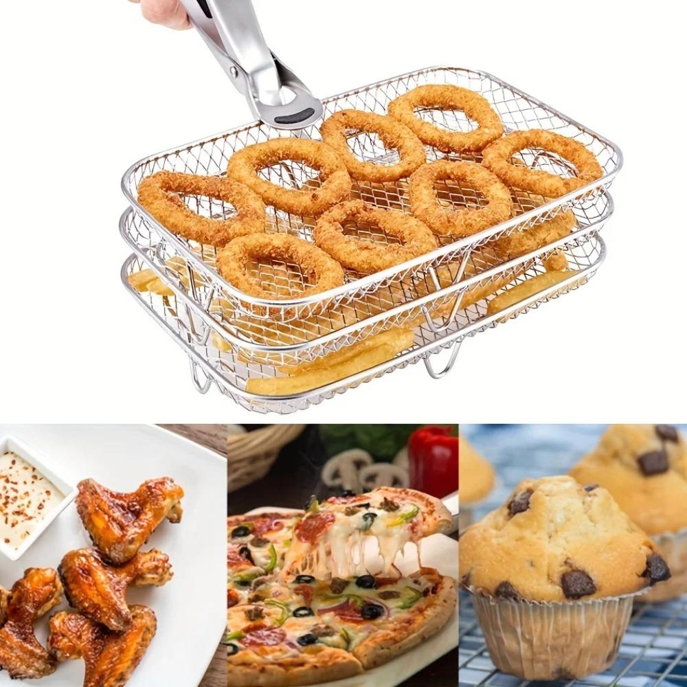 Stainless Steel Grill Basket Air Fryer Rack Stackable Grilling Rack Non Stick Food Tray Multipurpose Drain Basket Kitchen Tools