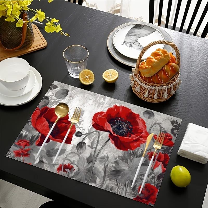 4/6/8pcs Red Poppy Floral Placemats 11.81 X 17.72inch - Elegant Table Decor for Dining, Kitchen, And Parties, Machine Washable, Durable Design with