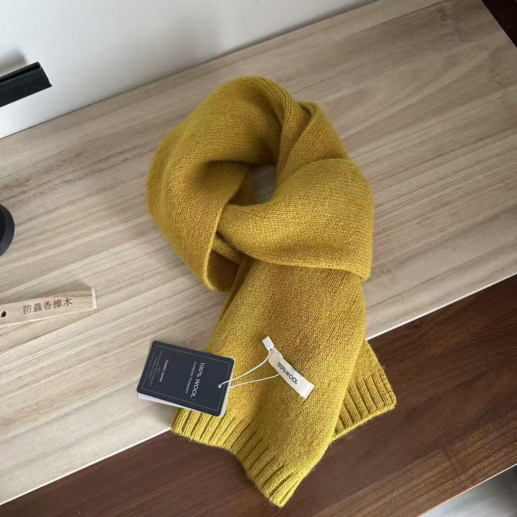 100% Wool Knit Cashmere-Style Scarf: Versatile Solid Color for Men and Women, Korean Winter Fashion