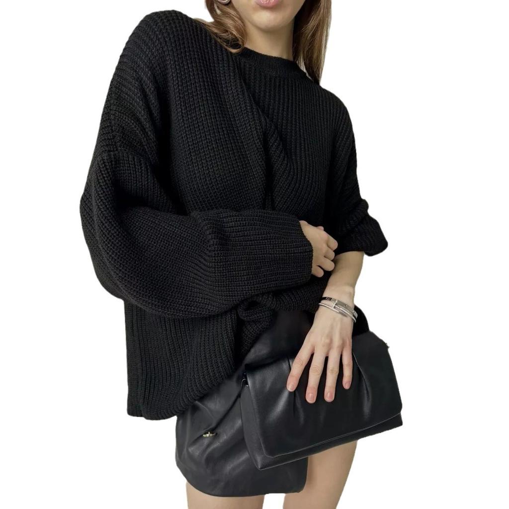 Spring Fall Solid Color Round Neck Sweater Women's Loose Ins Style Knit Elegant Pullover Comfortable Versatile Daily Wear