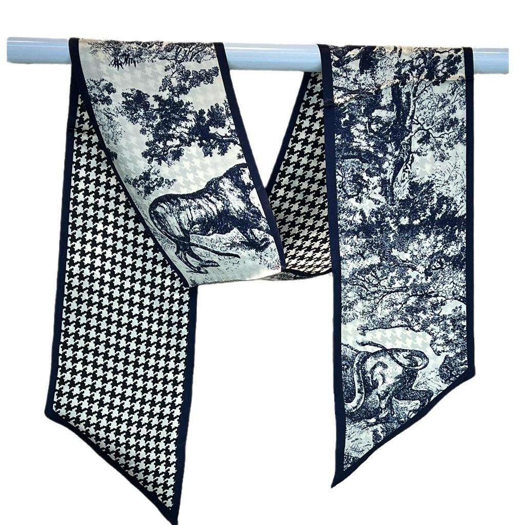 Silk Streamer 100% Mulberry Silk Texture Rhombus Pattern Double-Sided Versatile Retro Decorative Scarf Long Silk Scarf