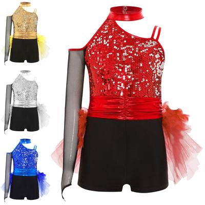 Costume da Ballo Jazz da Ragazza Body con Paillettes Scintillanti Gonna in Tulle con Piume Body con Vita Arricciata Jumpsuit Asimmetrica Color Block