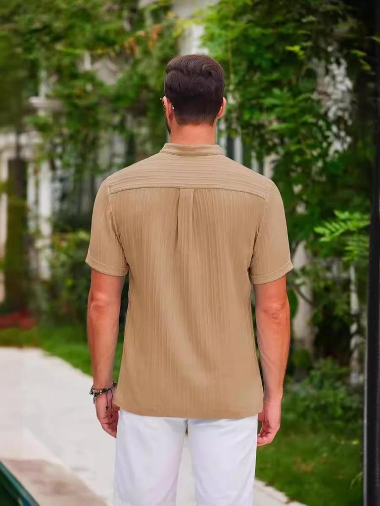Pánská retro pruhovaná košile Henley z bavlny a lnu – Ležérní volný střih, stojáček, polorozepínací styl