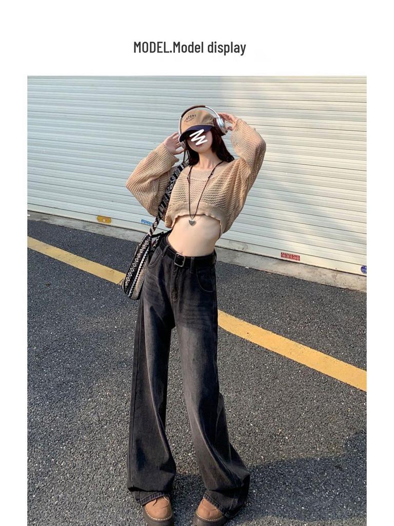 Women's High Waist Wide Leg Jeans - Black & Grey, Spring/Autumn, Plus Size, Floor Length, Straight Leg, Slimming.