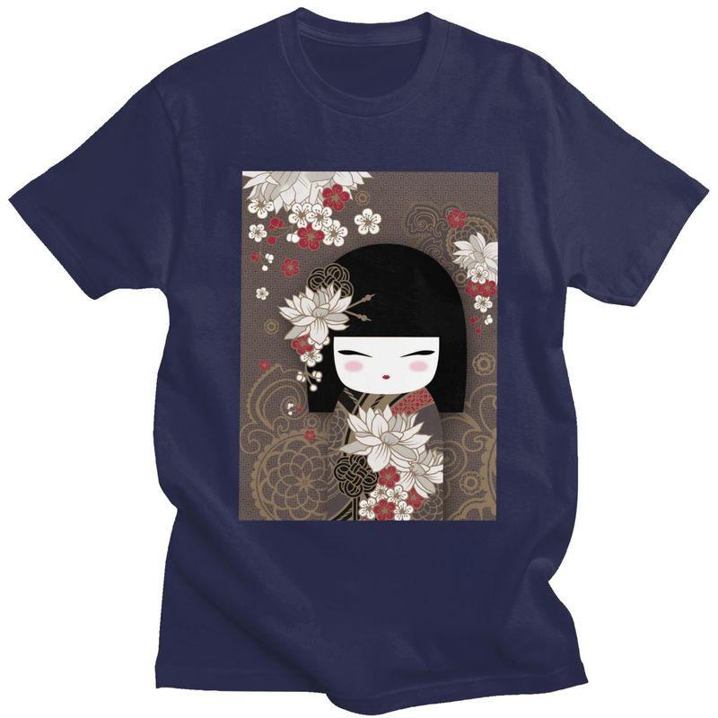 Custom Kokeshi Doll Cherry Blossoms T Shirts Men 100 Cotton Tee Tops Japanese Kimono Geisha Girl Tshirts Tshirt