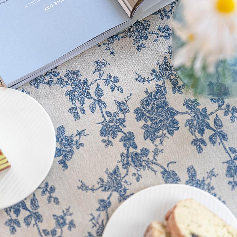 Blue Floral Pastoral Tablecloth, Vintage Cotton Linen Rectangular Table Cover  For Dinner Picnic Coffee Party Table Home Decor