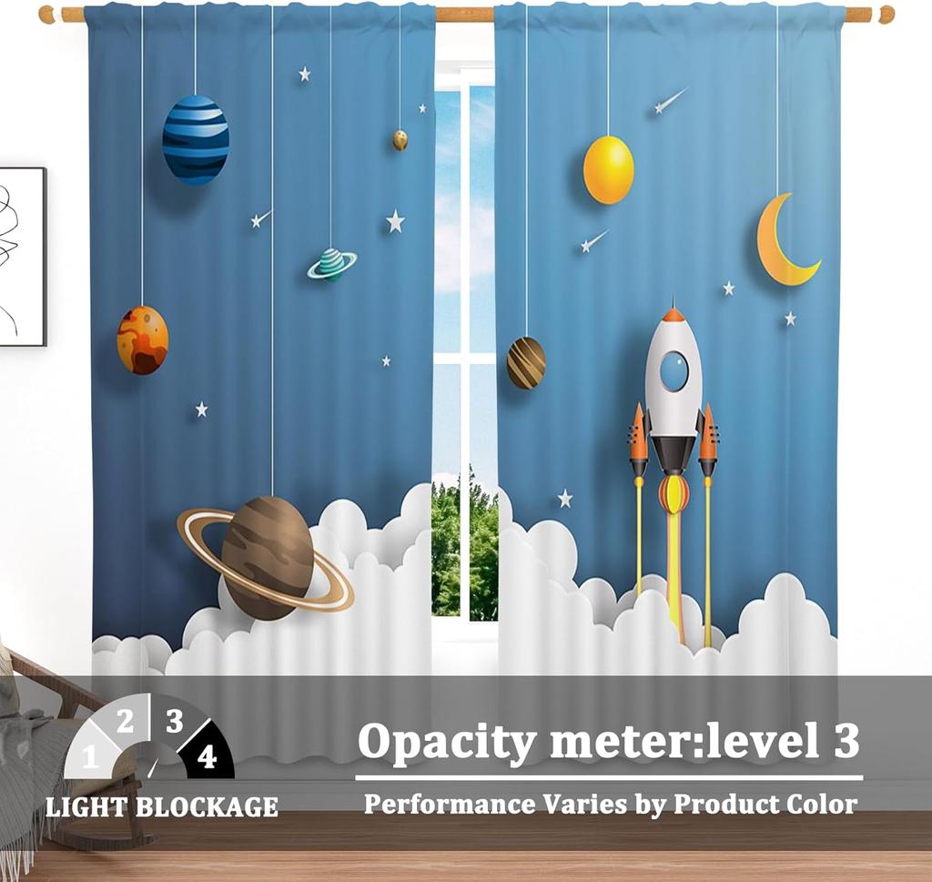 Cartoon Space Blackout Curtains For Kid Boy Bedroom Study Game Room Rocket Planet Solar System Blue Linen Window Treatment