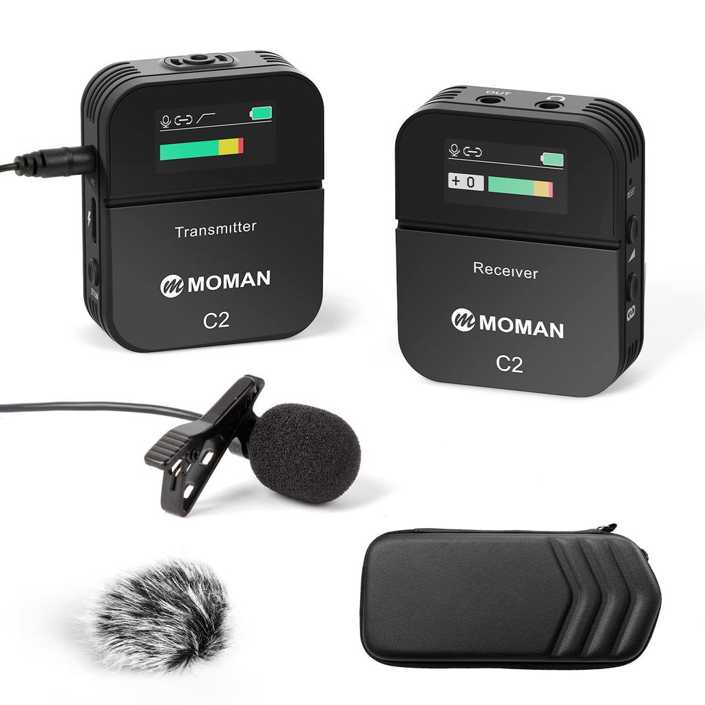 Wireless Lapel Microphone, Moman C2 Wireless Microphone System for DSLR Cameras, Video Cameras, Smartphones, and PCs, Includes One Transmitter and