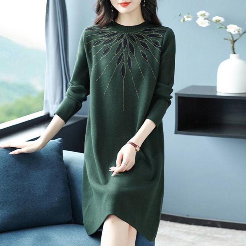 Dress for Woman Cotton Winter Warm Round Neck Long Sleeve Vintage Casual Printed Long Stretch Knit Sweater Dresses