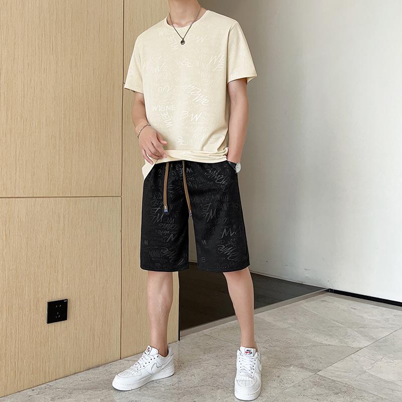 

Мужской модный летний повседневный спортивный костюм - футболка с коротким рукавом и шорты, комплект из двух предметов M абрикосовый