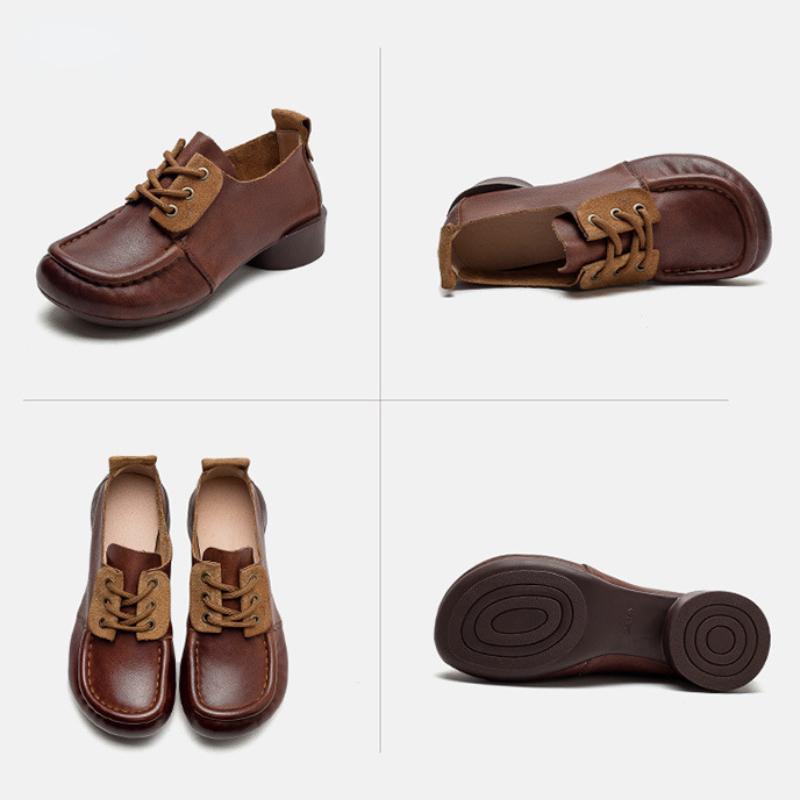 Johnature Genuine Leather Comfortable Women Pumps Retro Handmade Soft Sole Round Toe Versatile Low Heel Shoes