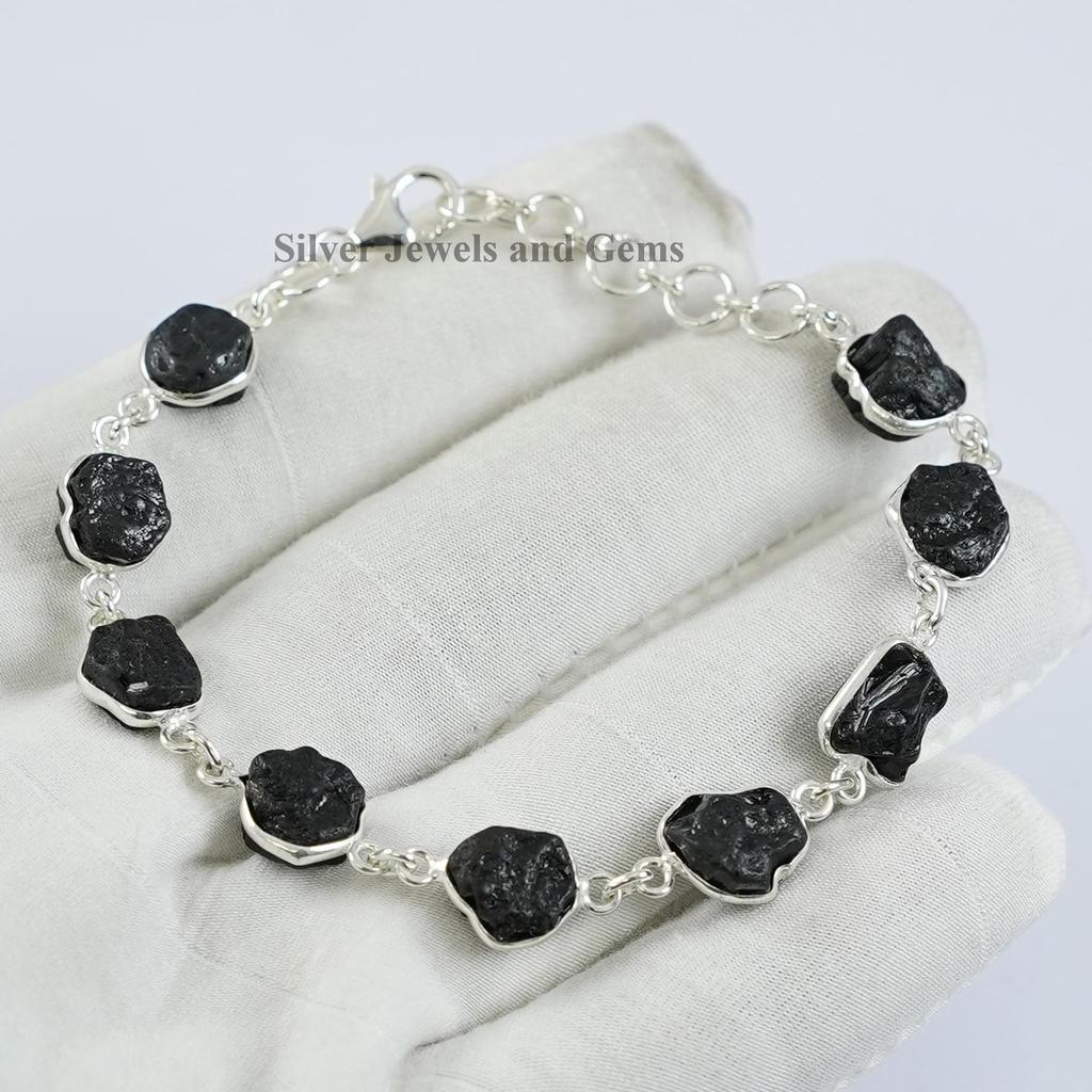 Raw Black Tourmaline Bracelet, 925 Sterling Silver Bezel Bracelet, Handmade