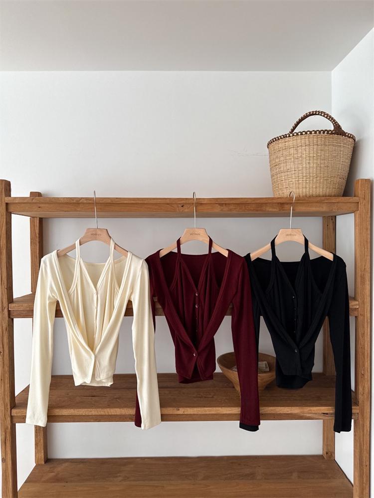 Korean Dongdaemun Slim Halter Cardigan: Hot Girl Style, Long Sleeve, Faux Two-Piece T-shirt for Women