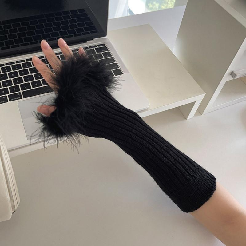 Punk Subculture Gloves Sleeves for Halloween Party Feathered Fingerless Gloves